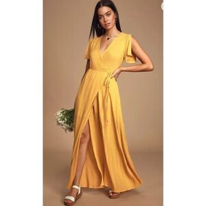 Lulu's Much Obliged Mustard Yellow Gauze Wrap Maxi Dress Women's Size XS